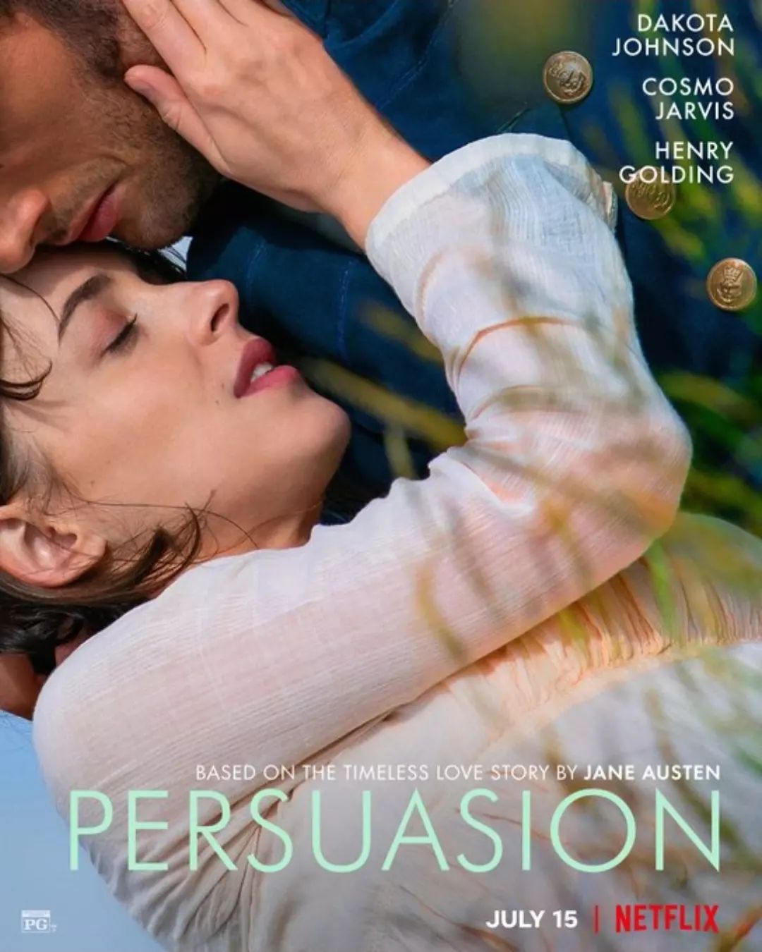 Poster Persuasion 2022 de Netflix, con Dakota Johnson, Henry Golding y Cosmo Jarvis